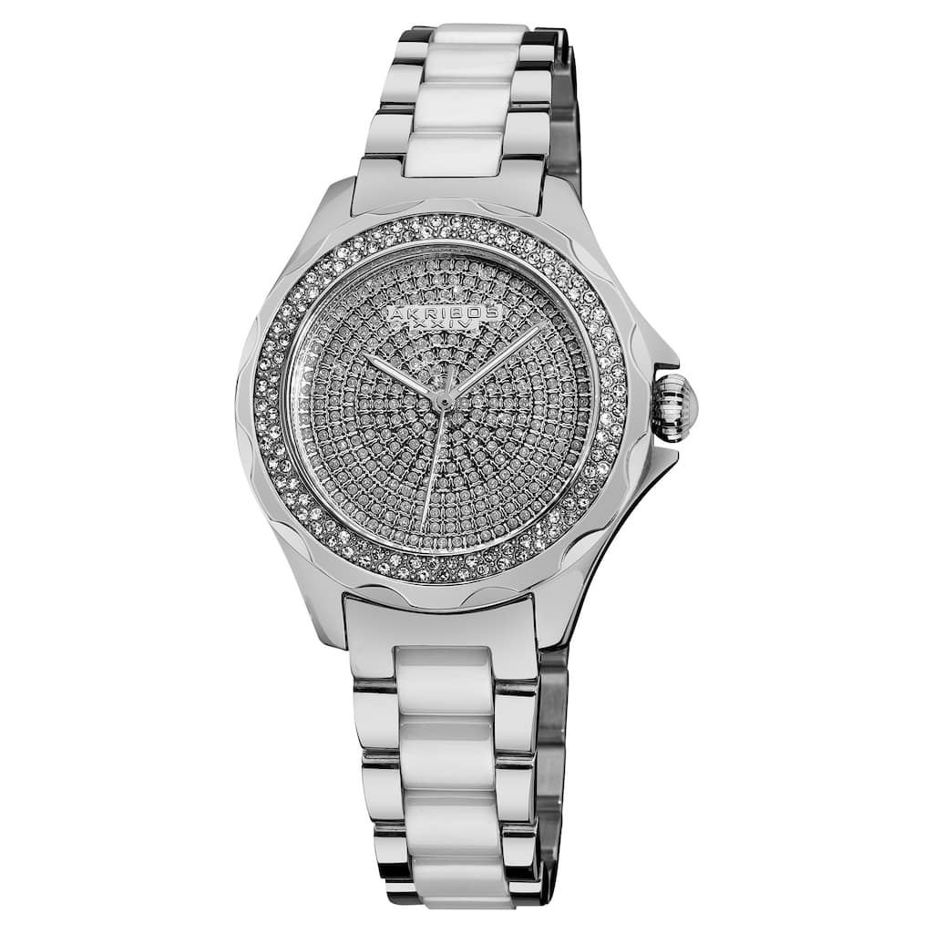 Akribos XXIV Women's Swiss Quartz Diamond Ceramic Link Silver-Tone Bracelet Watch - silver