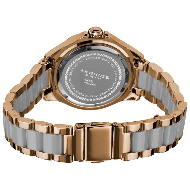 Akribos XXIV Women's Rose-Tone-Gold/Silver Swiss Quartz Diamond/Ceramic Link-Bracelet Watch - Gold