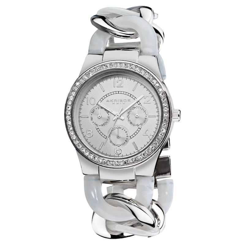 Akribos XXIV Women's Quartz Multifunction Crystal Accented Resin Chain White Watch