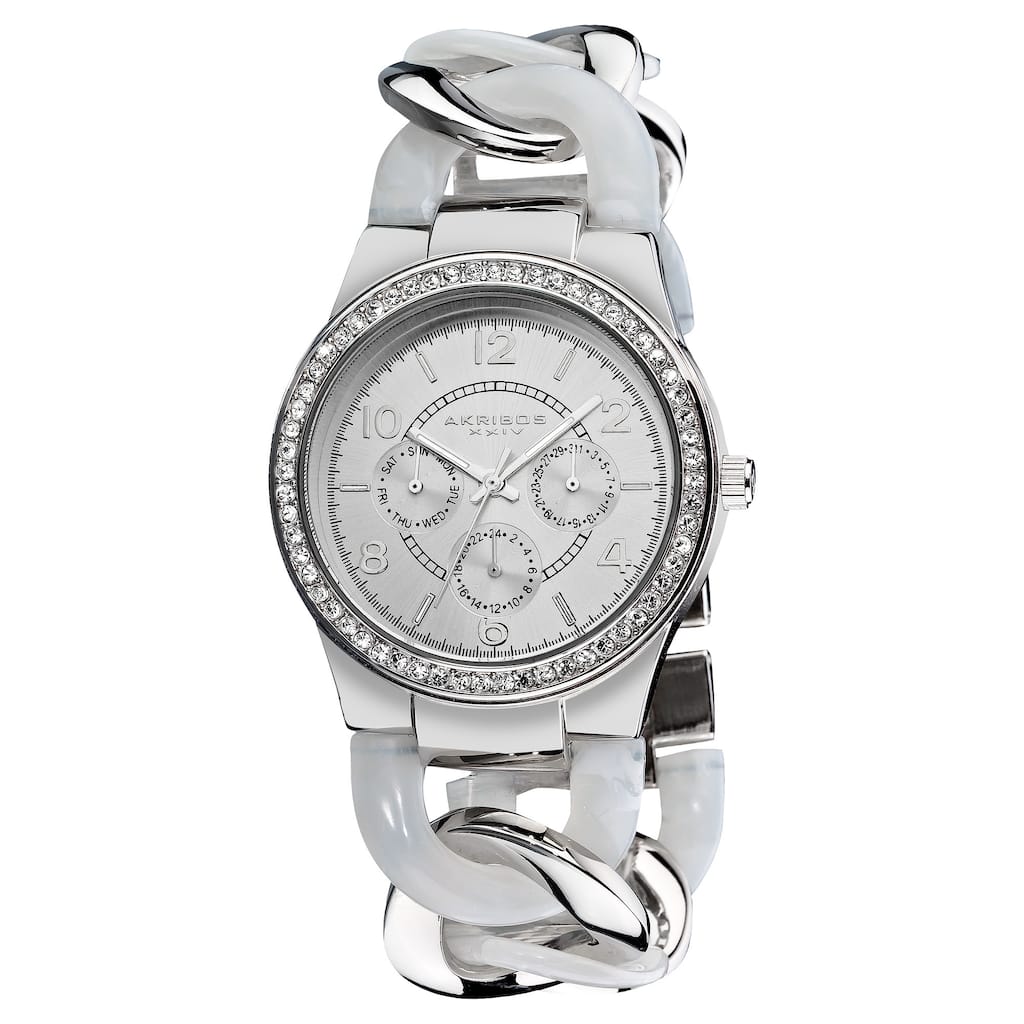 Akribos XXIV Women's Quartz Multifunction Crystal Accented Resin Chain White Watch