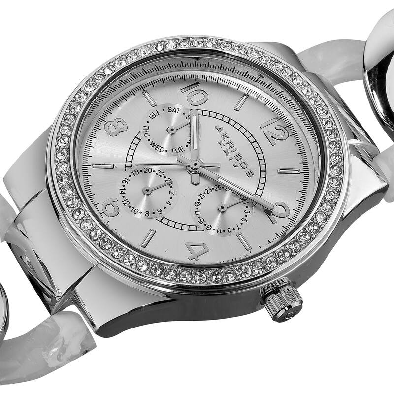 Akribos XXIV Women's Quartz Multifunction Crystal Accented Resin Chain White Watch