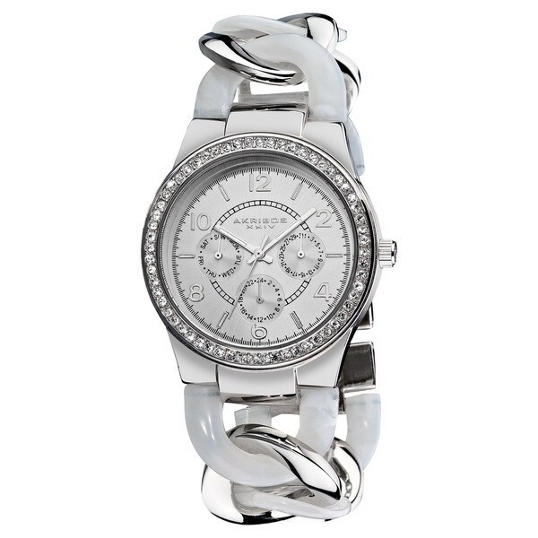 Akribos XXIV Women's Quartz Multifunction Crystal Accented Resin Chain White Watch with FREE GIFT