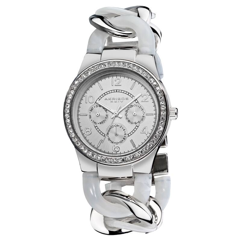 Akribos XXIV Women's Quartz Multifunction Crystal Accented Resin Chain White Watch