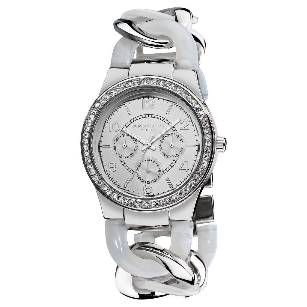 Akribos XXIV Women's Quartz Multifunction Crystal Accented Resin Chain White Watch