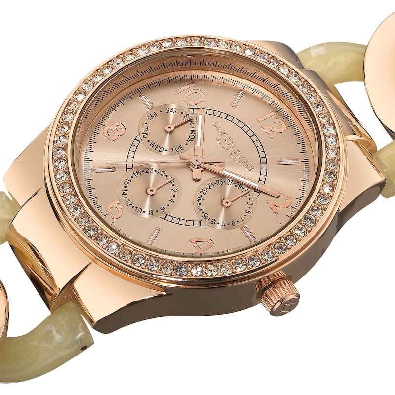 Akribos XXIV Women's Quartz Multifunction Rose-Tone Crystal-Accented Resin Chain Watch
