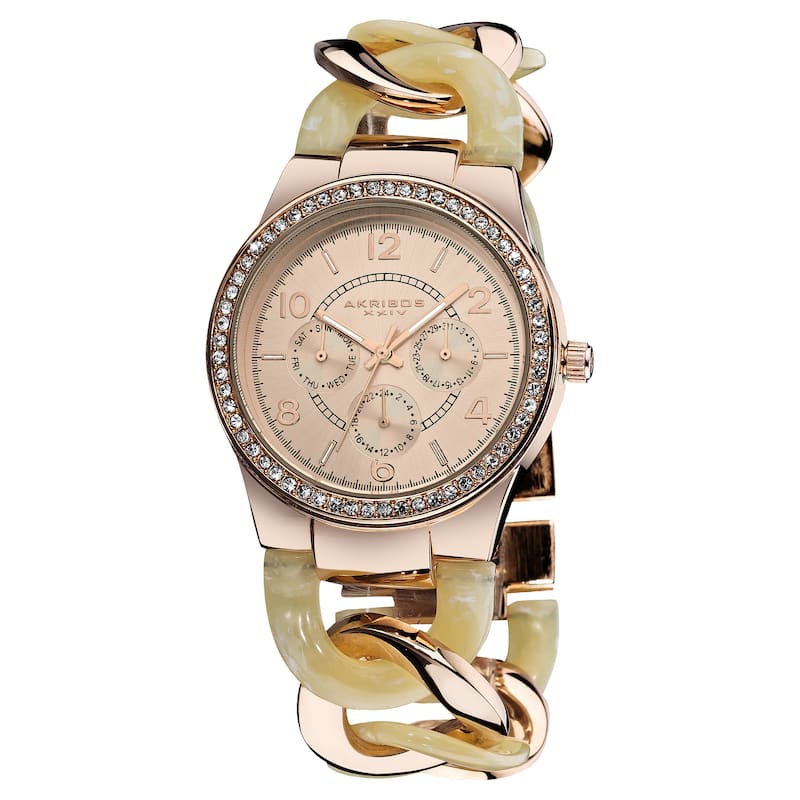 Akribos XXIV Women's Quartz Multifunction Rose-Tone Crystal-Accented Resin Chain Watch