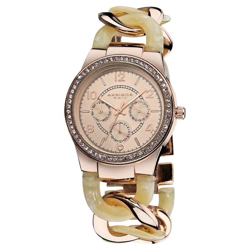 Akribos XXIV Women's Quartz Multifunction Rose-Tone Crystal-Accented Resin Chain Watch
