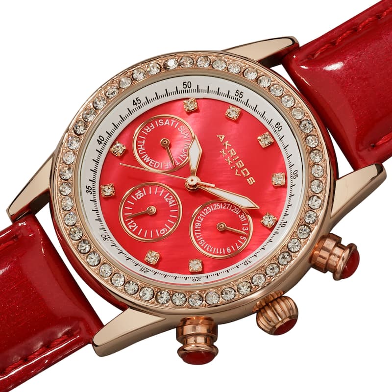 Akribos XXIV Women's Red Multifunction Dazzling Strap Watch
