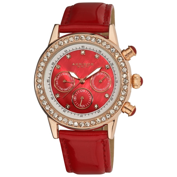 Akribos XXIV Women's Red Multifunction Dazzling Strap Watch with FREE Bangle
