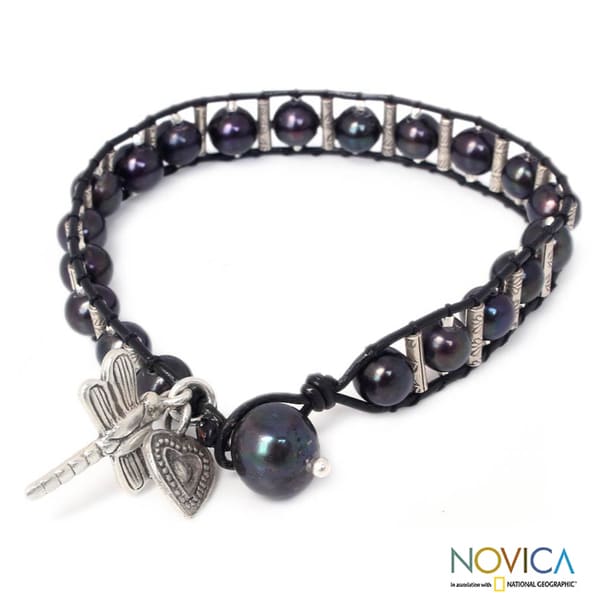 Silver 'Universal Love' Leather Pearl Bracelet ( 6.5 7 mm) (Thailand) Novica Bracelets