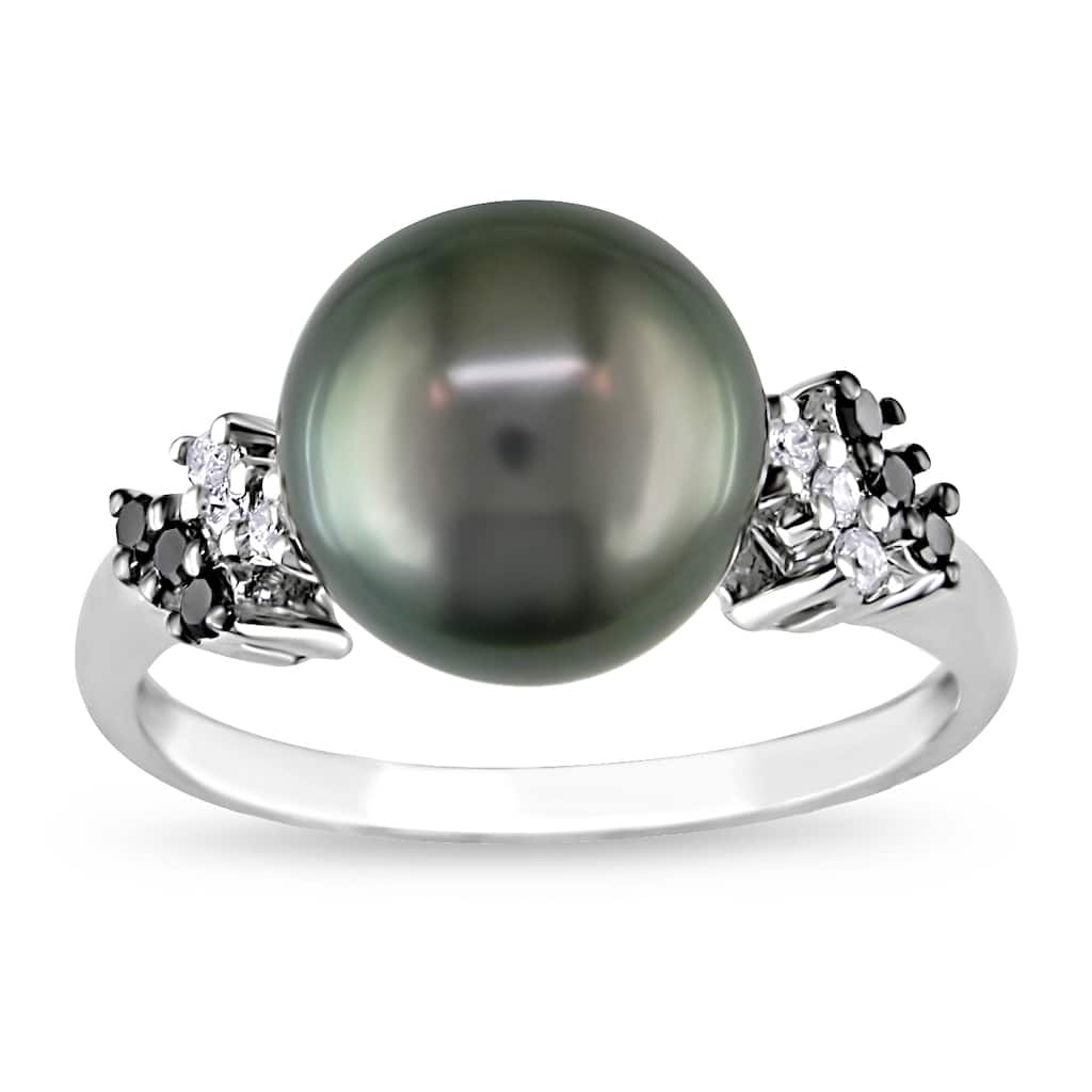 Miadora 9-10mm Tahitian Cultured Pearl 1/8ct TDW Black and White Diamond Ring in 10k White Gold