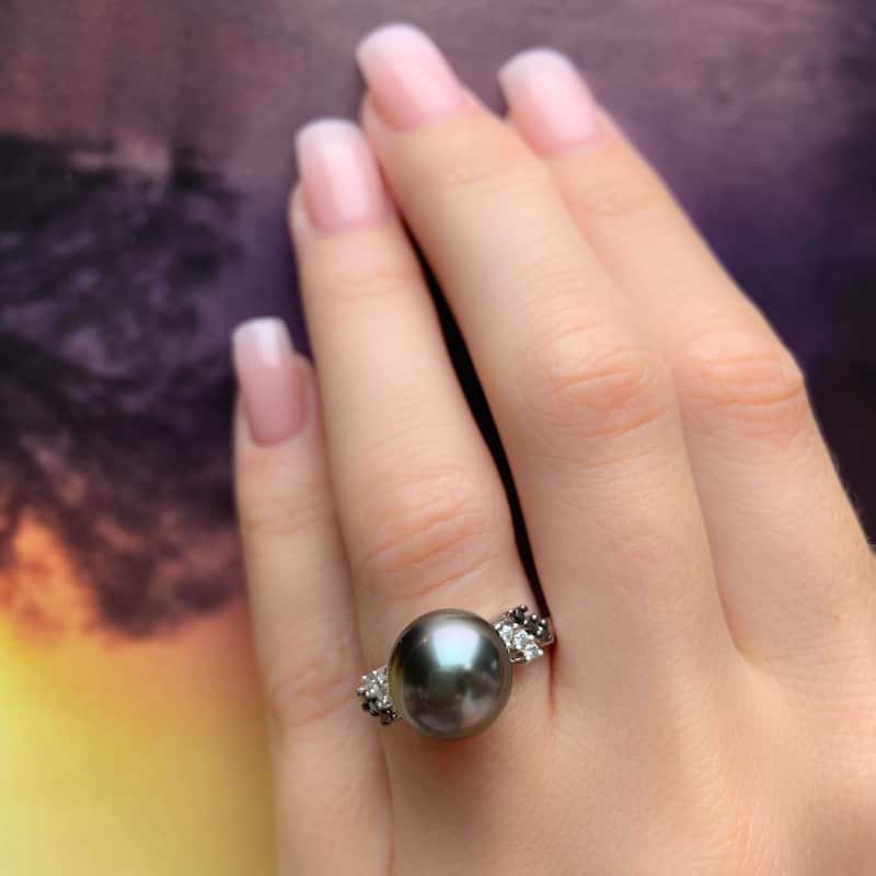 9-10 MM Tahitian Cultured Pearl 1/8ct TDW Black and White Diamond Ring in 10k White Gold by Miadora