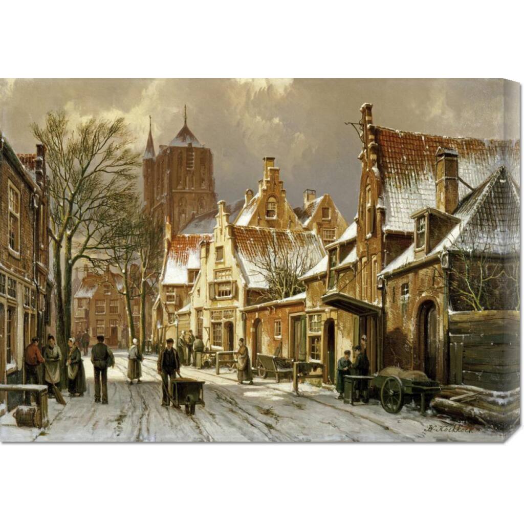 Global Gallery Willem Koekkoek 'A Winter Street Scene' Stretched Canvas Art - Multi