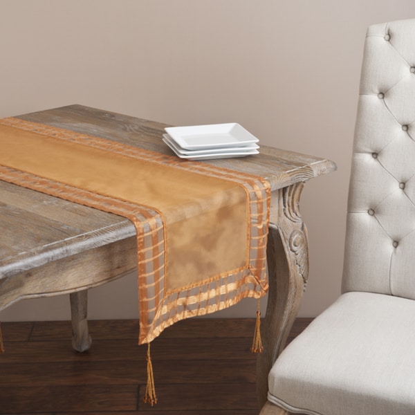 Cappuccino Striped Border Tasseled Corner 72-inch Table Sheer Runner