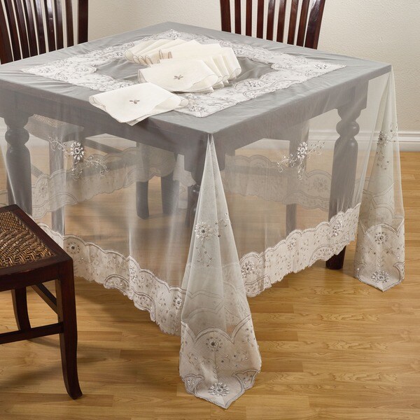 Ecru Embroidered and Beaded 90-inch Round or Square Tablecloth