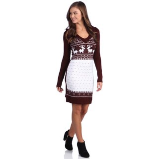 White Mark Women's 'Boston' Maroon Deer-Pattern Hooded Sweaterdress