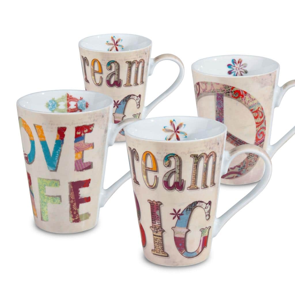 Konitz 'Peace, Dream, Love' Porcelain Mugs (Set of 4)