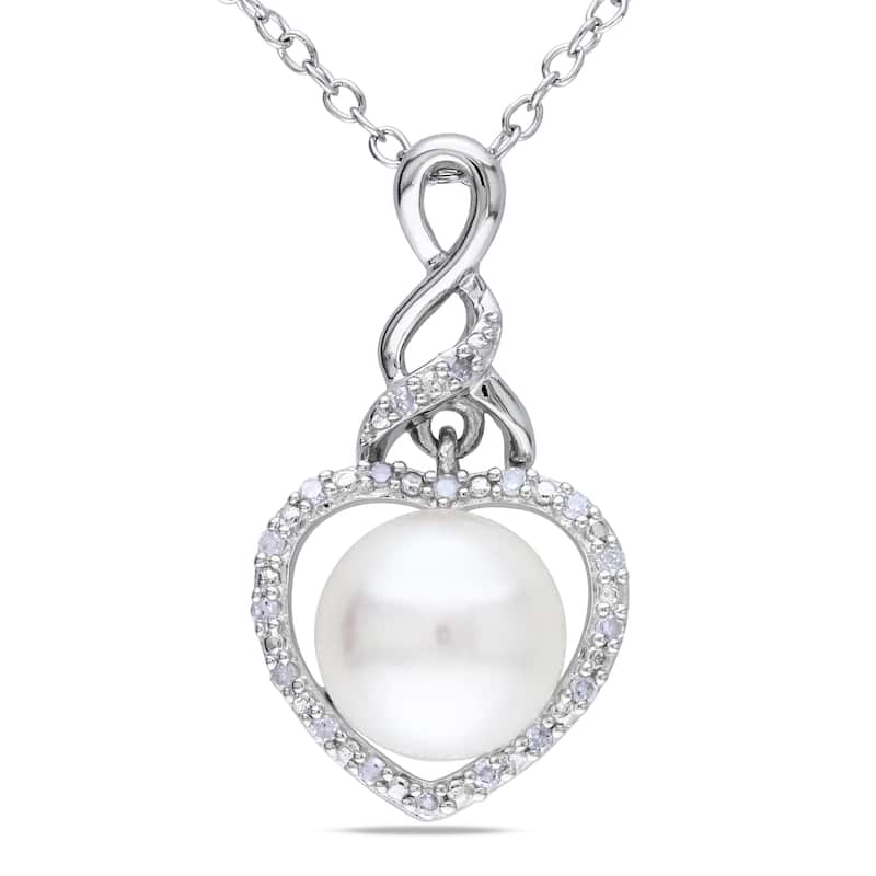 Miadora Sterling Silver Pearl and Diamond Accent Heart Necklace (8-8.5 mm)