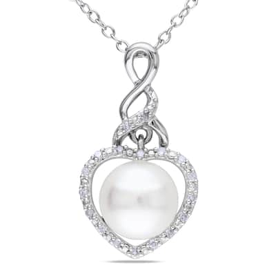 Miadora Sterling Silver Pearl and Diamond Accent Heart Necklace (8-8.5 mm)
