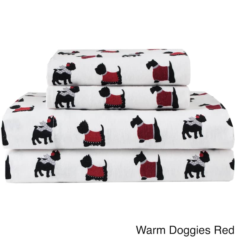 Elite Home Products Medium Blue Winter Nights Cotton Flannel Bed Sheet Set - Twin - warm doggies-red