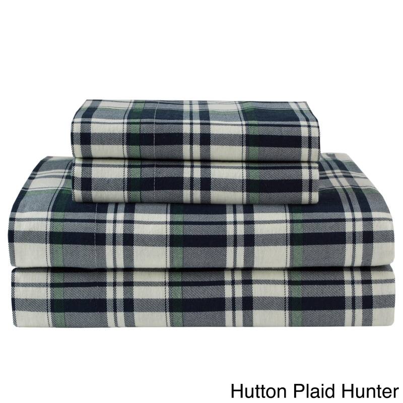 Elite Home Products Medium Blue Winter Nights Cotton Flannel Bed Sheet Set - Twin - Hutton Plaid-Hunter