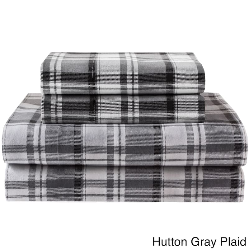 Elite Home Products Medium Blue Winter Nights Cotton Flannel Bed Sheet Set - Twin - hutton plaid-grey