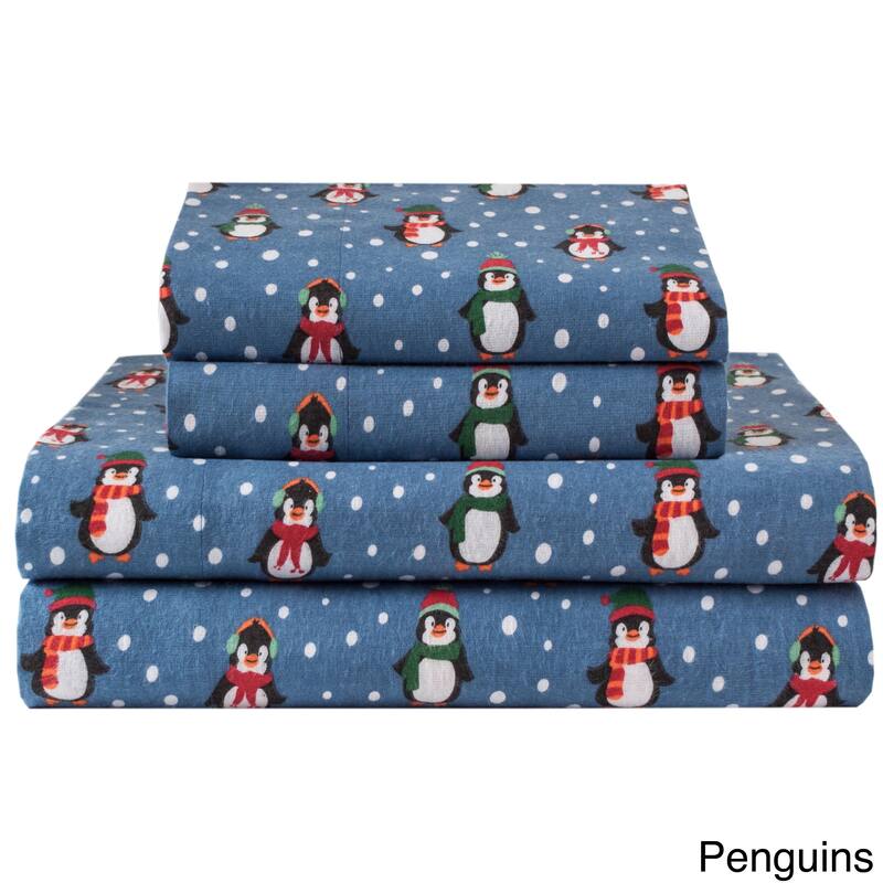 Elite Home Products Medium Blue Winter Nights Cotton Flannel Bed Sheet Set - Full - Penguins
