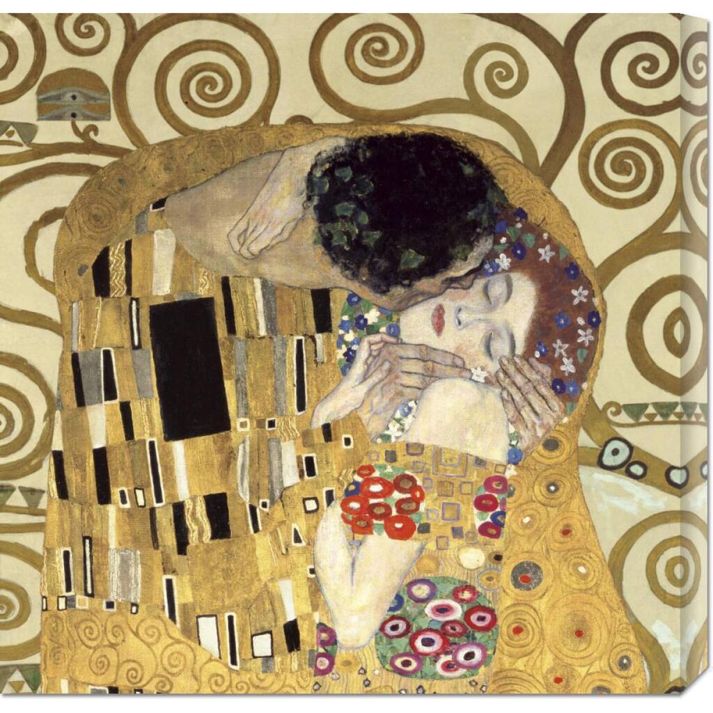 Global Gallery Gustav Klimt 'The Kiss' Stretched Canvas Art - Cream/Gold