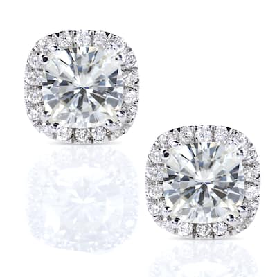 Annello by Kobelli 14k White Gold 2 1/2ct TGW Cushion Moissanite and Diamond Halo Stud Earrings