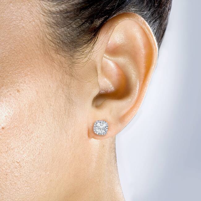 Annello by Kobelli 14k White Gold 2 1/2ct TGW Cushion Moissanite and Diamond Halo Stud Earrings