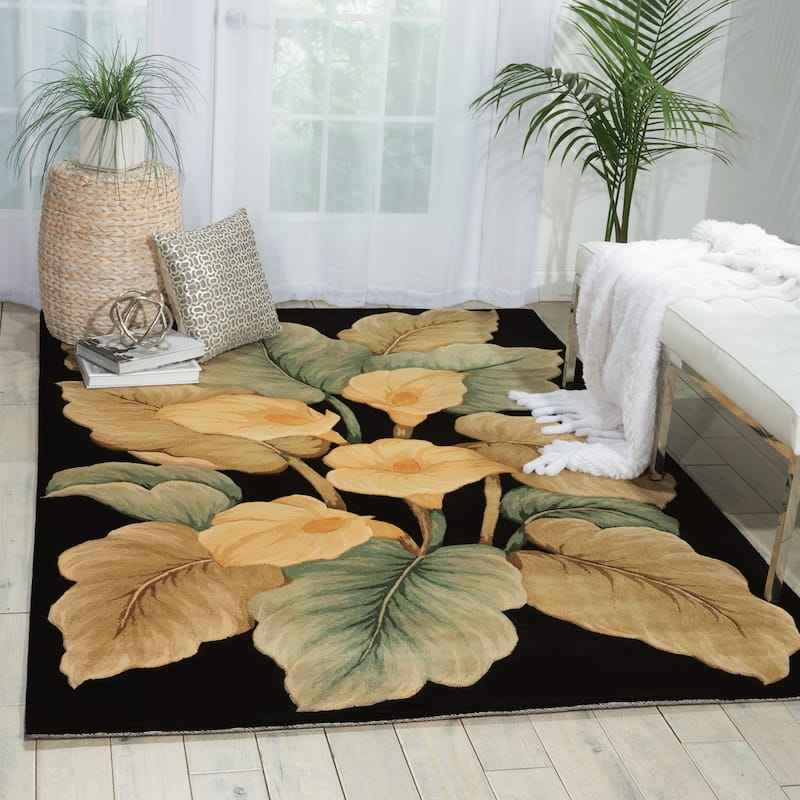 Hand-Tufted Tropical Modern Floral Area Rug - 7'6" x 9'6" - Black - Rectangle