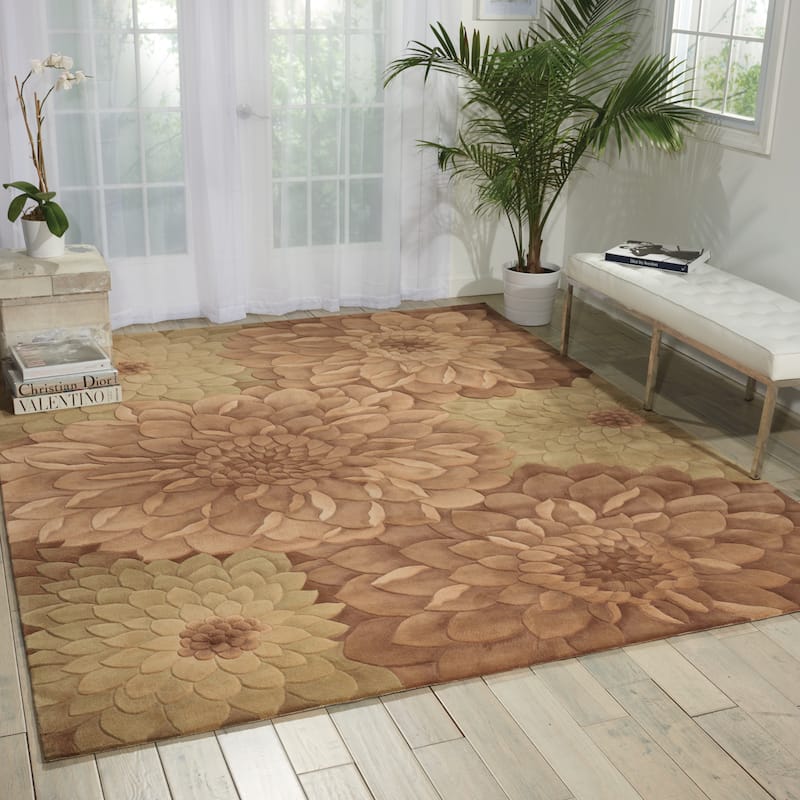 Hand-Tufted Tropical Taupe Green Rug - 3' 6" x 5' 6" - Tan/Green - Rectangle