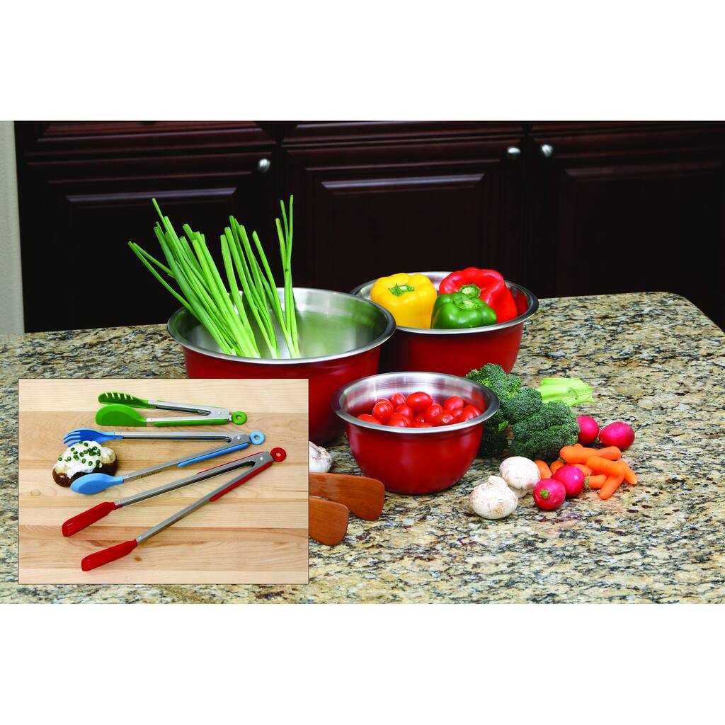 6-piece Red Stainless Steel Bowl and Tongs Set