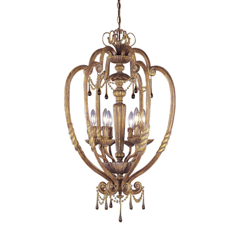 Aztec Lighting Transitional 6-light Island Gold Foyer Pendant with Amber Drop Accents
