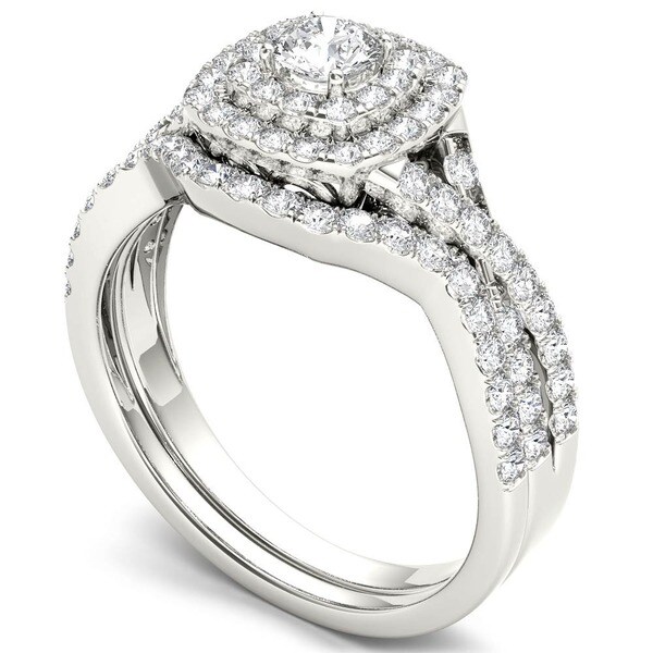 De Couer IGI Certified 10k White Gold 7/8ct TDW Diamond Double Halo Bridal Ring Set. Opens flyout.