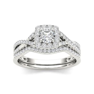 De Couer 10k Gold 3/4ct TDW Diamond Halo Bridal Ring Set