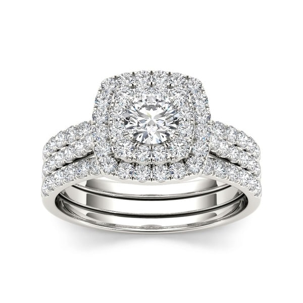 De Couer 10k White Gold 1 1/2 ct TDW Diamond Halo Engagement Ring Set