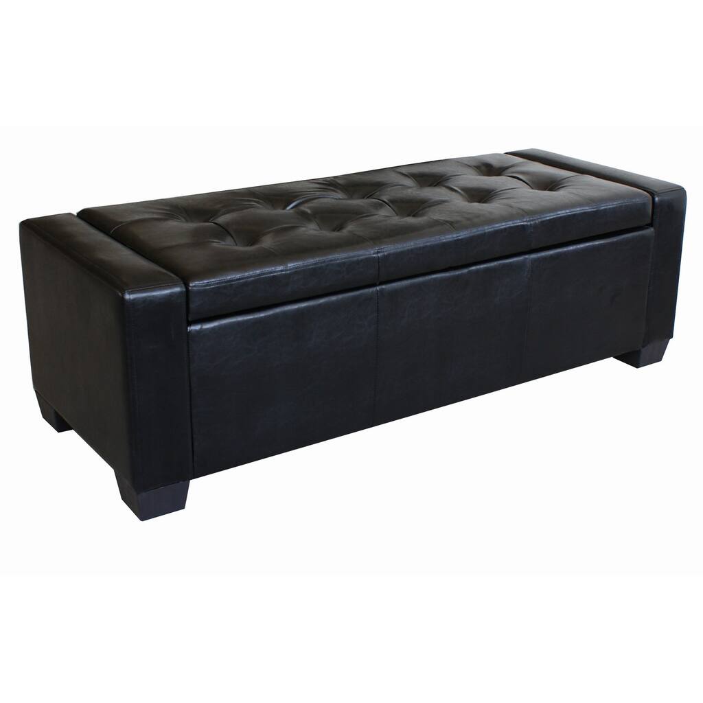 Black Leather Tufted Arm Storage Bench Ottoman