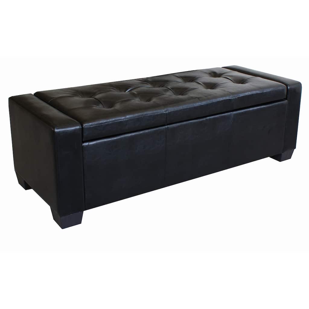 Black Leather Tufted Arm Storage Bench Ottoman