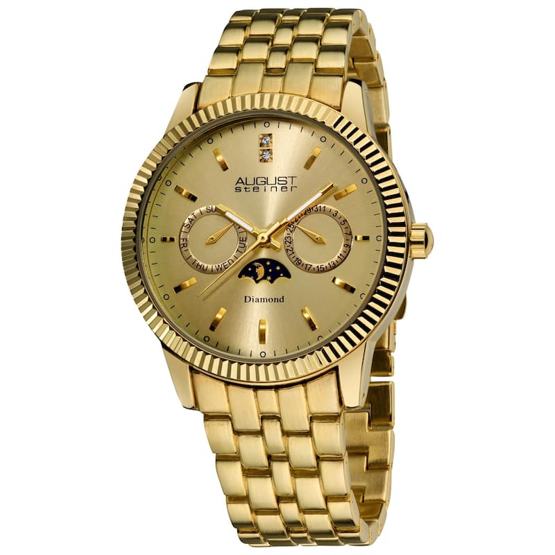 August Steiner Men's Swiss Quartz Diamond Moon Phase Coin Edge Watch