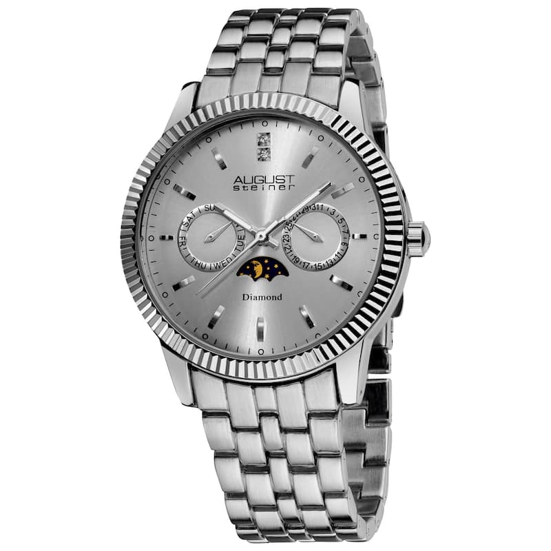 August Steiner Men's Swiss Quartz Diamond Moon Phase Coin Edge Watch - Silver Tone - N/A