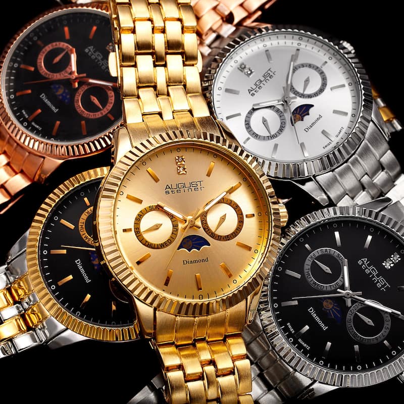 August Steiner Men's Swiss Quartz Diamond Moon Phase Coin Edge Watch
