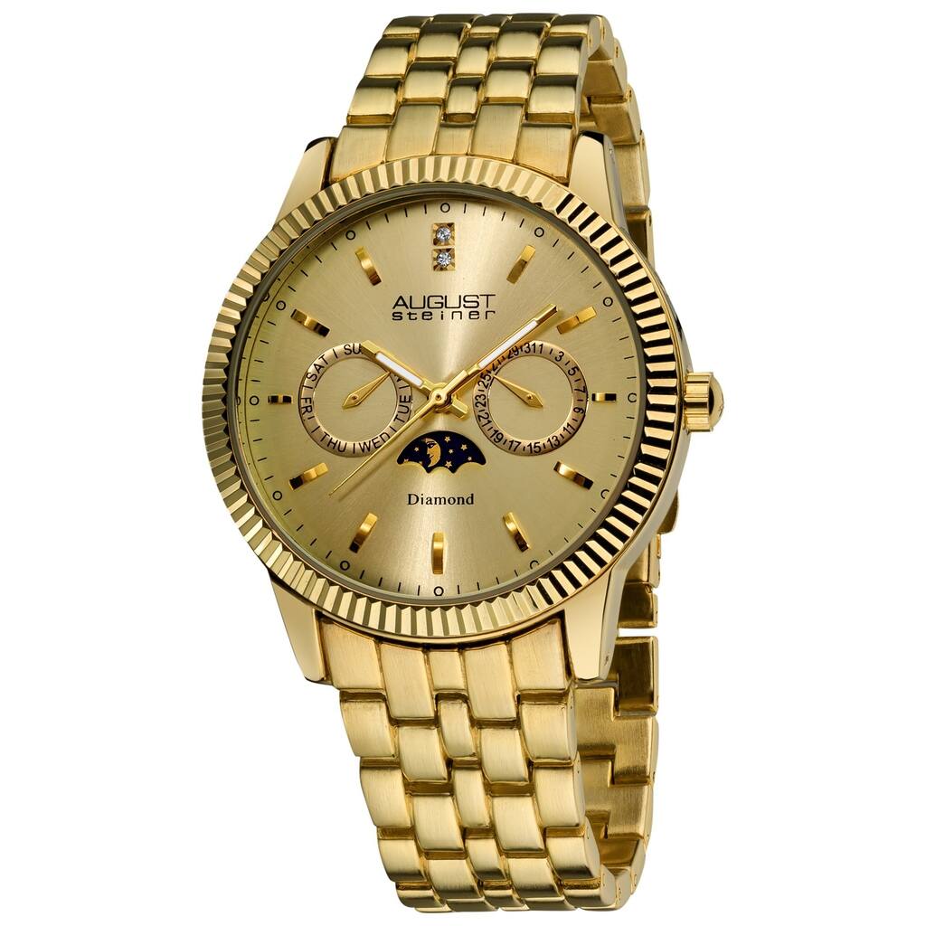 August Steiner Men's Swiss Quartz Diamond Moon Phase Coin Edge Watch