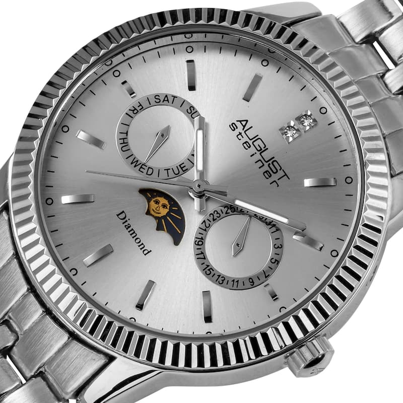 August Steiner Men's Swiss Quartz Multifunction Diamond Silver-Tone Bracelet Watch - silver