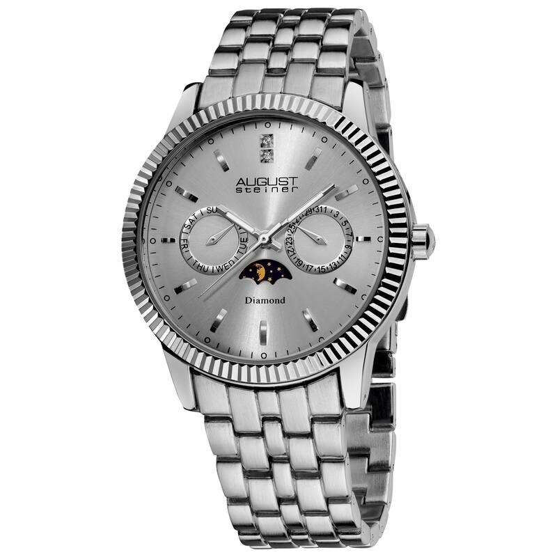 August Steiner Men's Swiss Quartz Multifunction Diamond Silver-Tone Bracelet Watch - silver