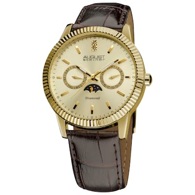 August Steiner Men's Swiss Quartz Multifunction Diamond Leather-Gold-Tone Strap Watch