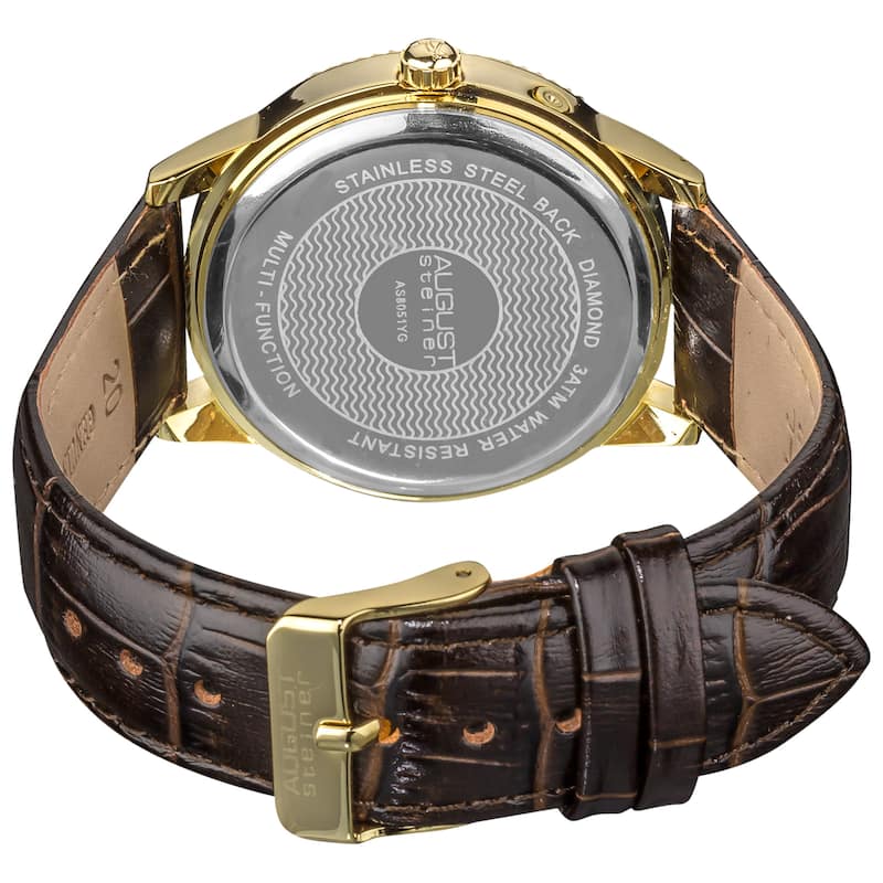 August Steiner Men's Swiss Quartz Multifunction Diamond Leather-Gold-Tone Strap Watch