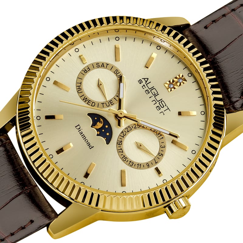 August Steiner Men's Swiss Quartz Multifunction Diamond Leather-Gold-Tone Strap Watch