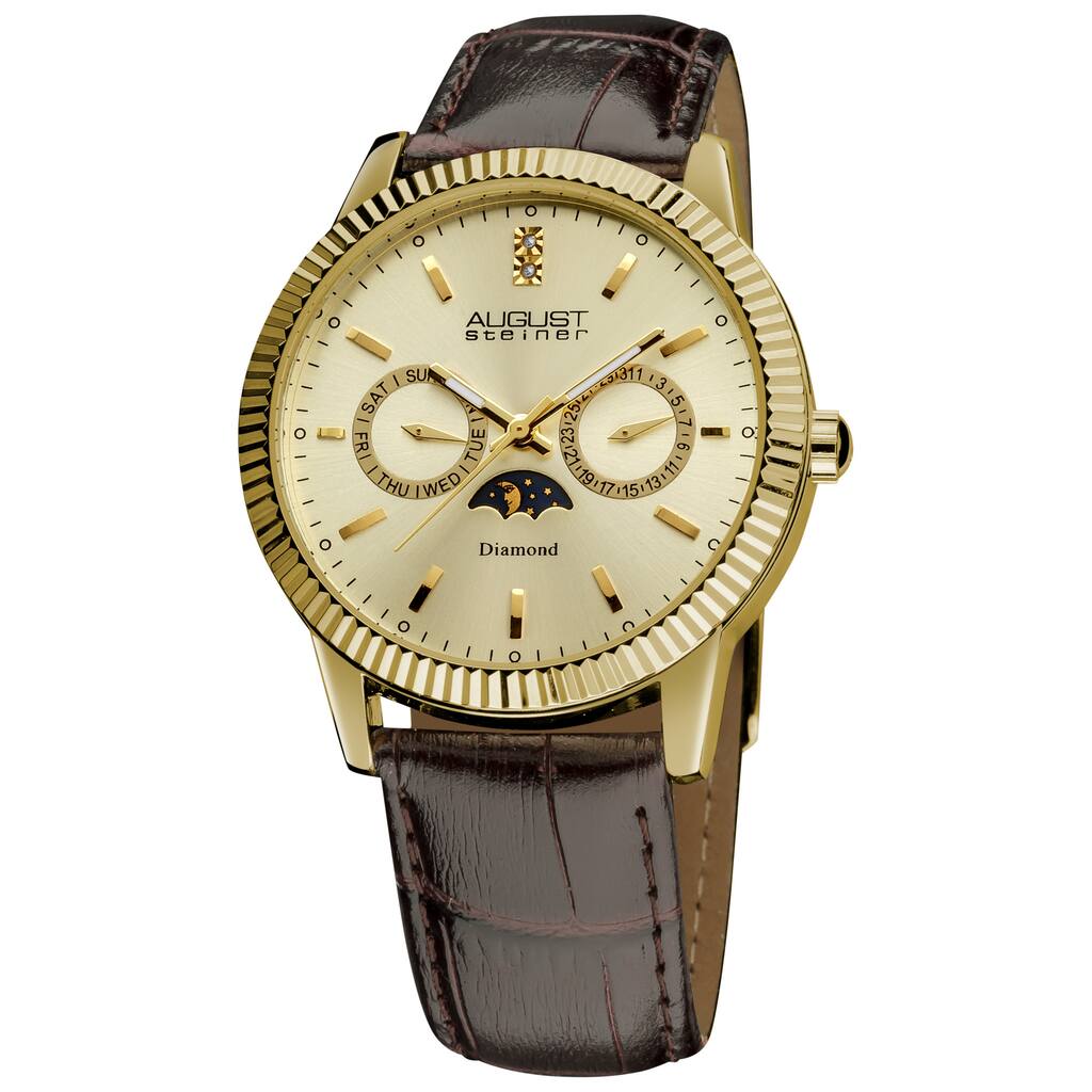 August Steiner Men's Swiss Quartz Multifunction Diamond Leather-Gold-Tone Strap Watch