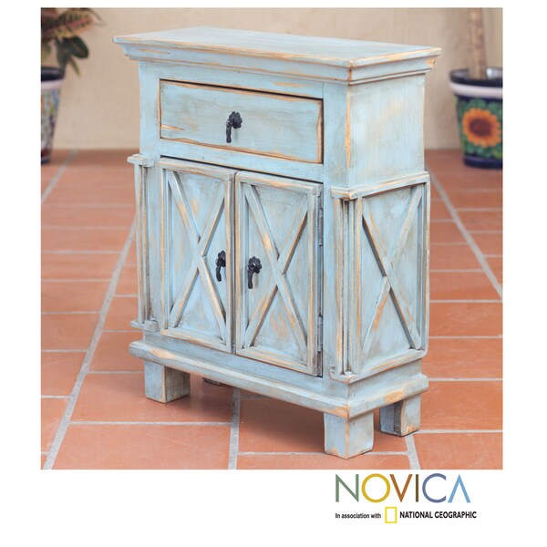 Shop Handmade Pinewood 'Antique Blue Crisscross' Nightstand (Mexico